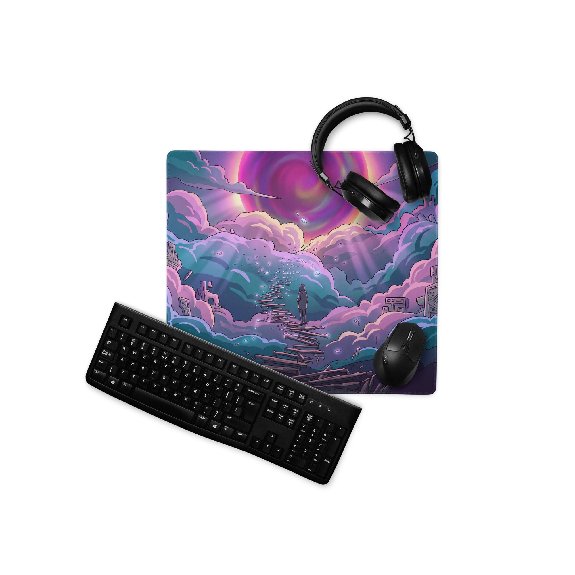 Vaporwave neon sky gaming mouse pad with vibrant purple pink cyan colors and whimsical cloud-themed sky path design