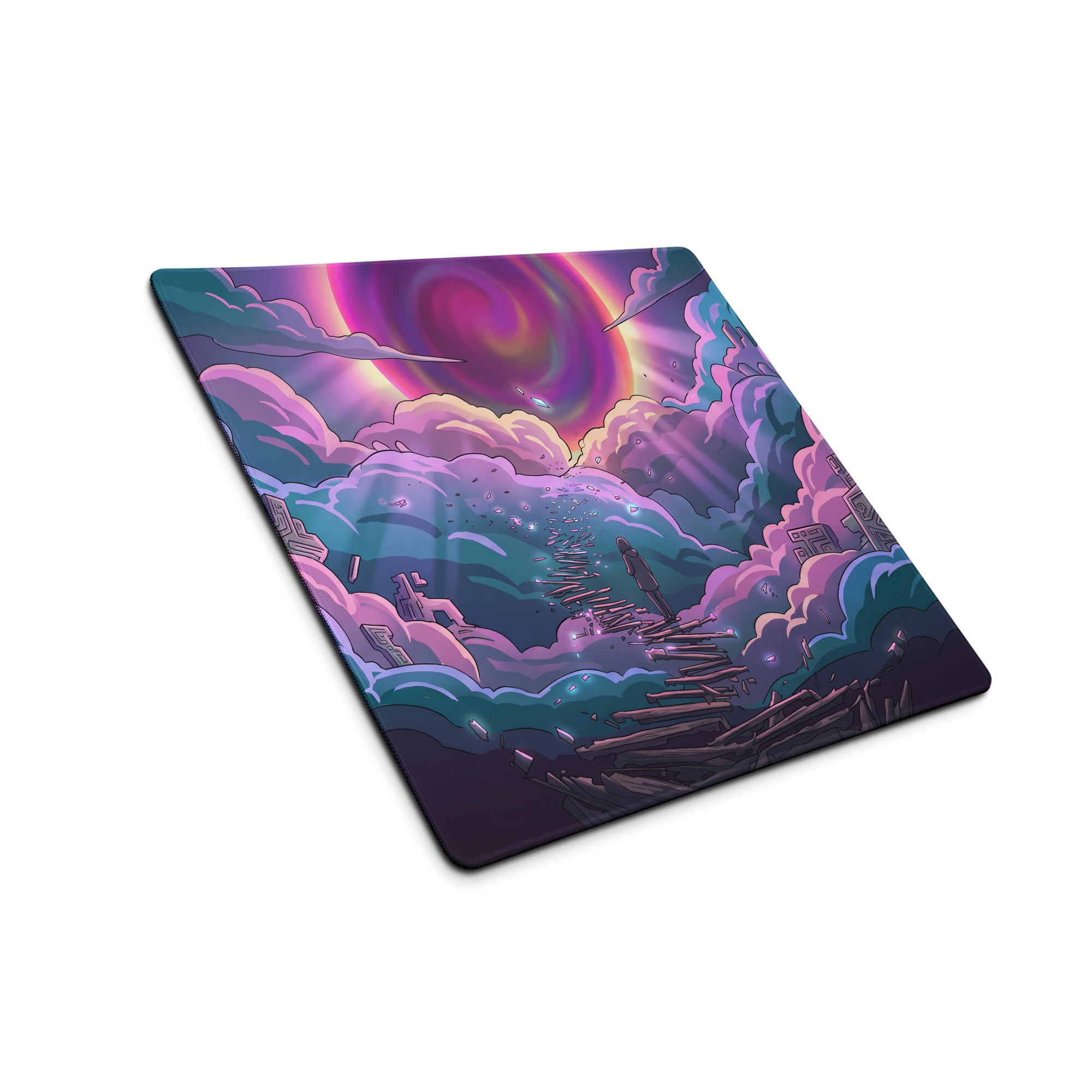 Vaporwave neon sky gaming mouse pad with cosmic surreal staircase in purple pink and cyan for desktop use