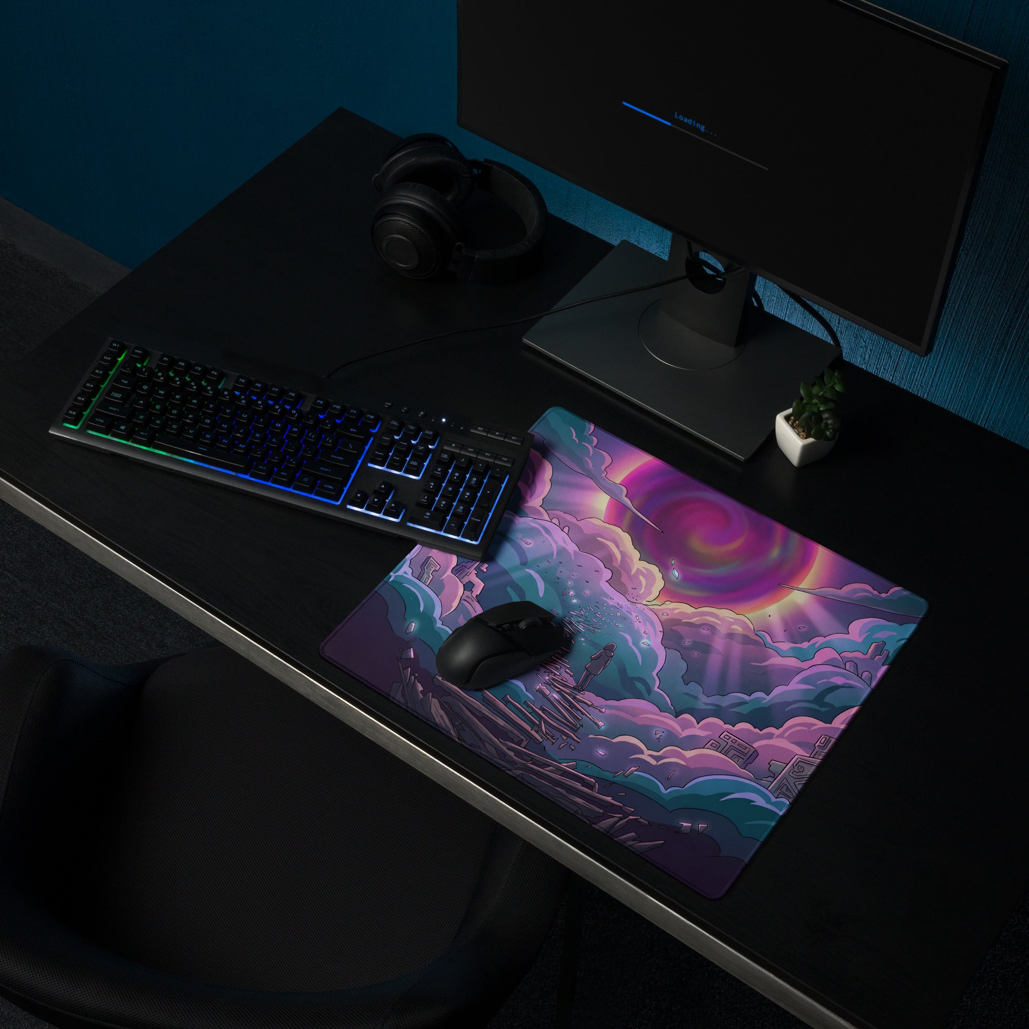 Vaporwave neon sky gaming mouse pad with vibrant purple pink cyan cosmic nebula design for desktop use