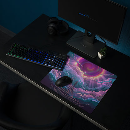 Vaporwave neon sky gaming mouse pad with vibrant purple pink cyan cosmic nebula design for desktop use