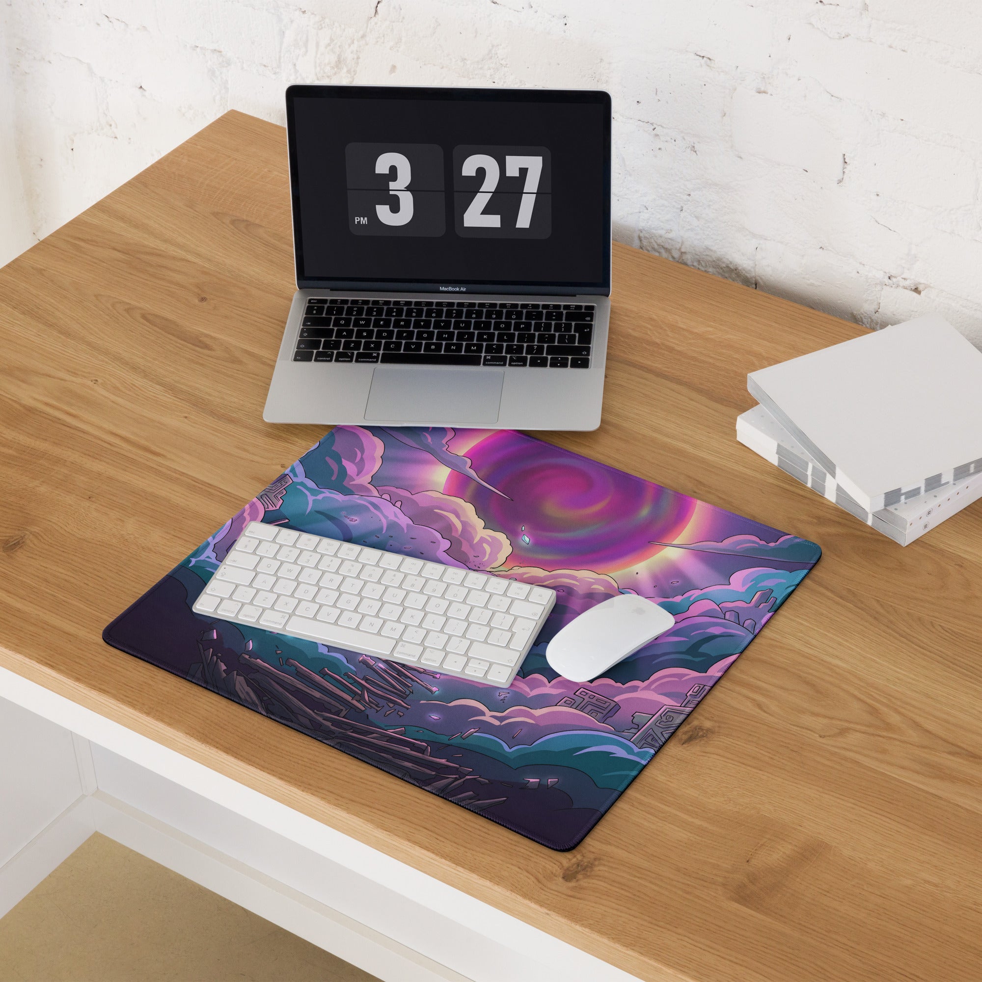 Vaporwave neon sky gaming mouse pad with vibrant purple pink and cyan cosmic nebula design for desktop use