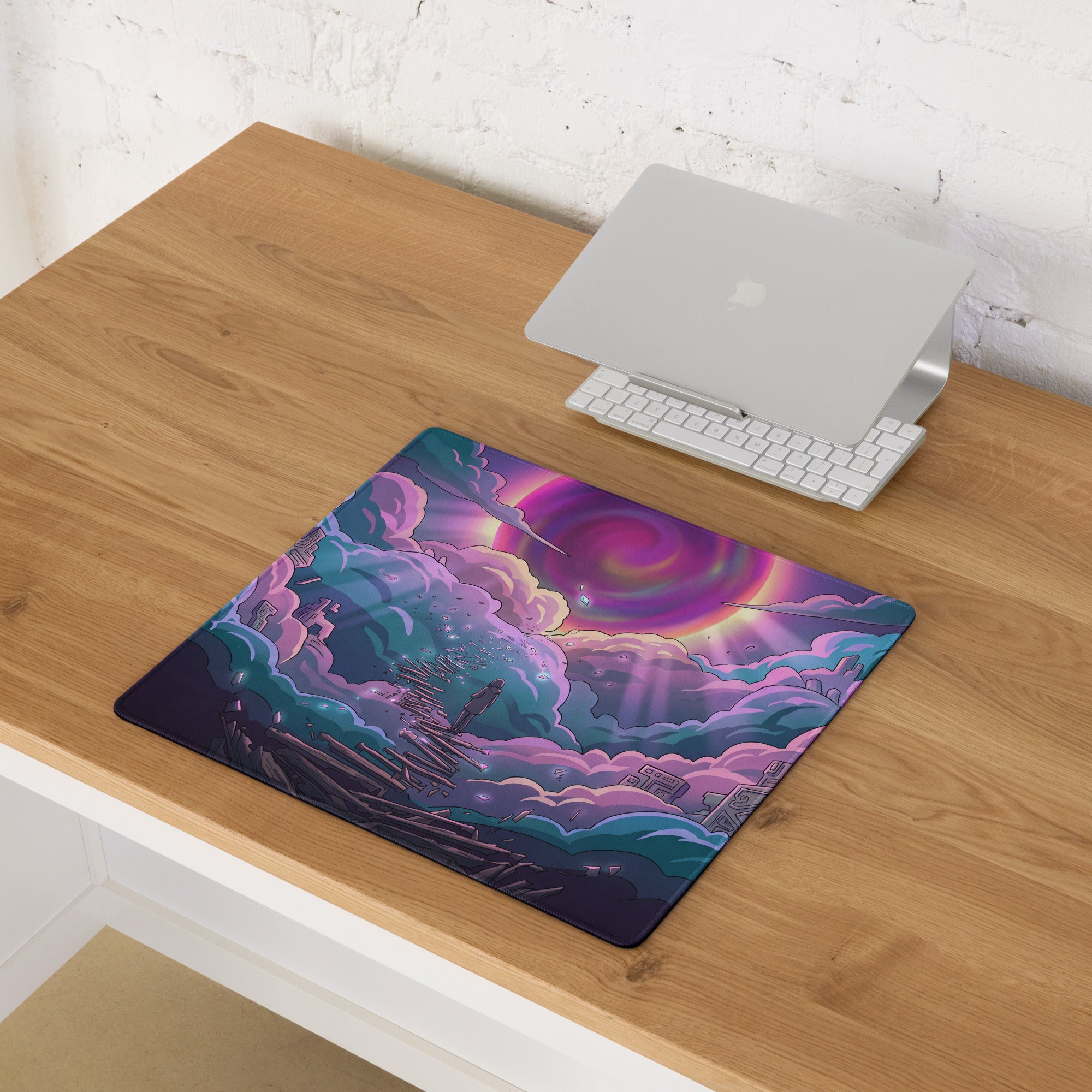 Vaporwave neon sky gaming mouse pad with swirling purple pink and cyan cosmic clouds over a dark landscape