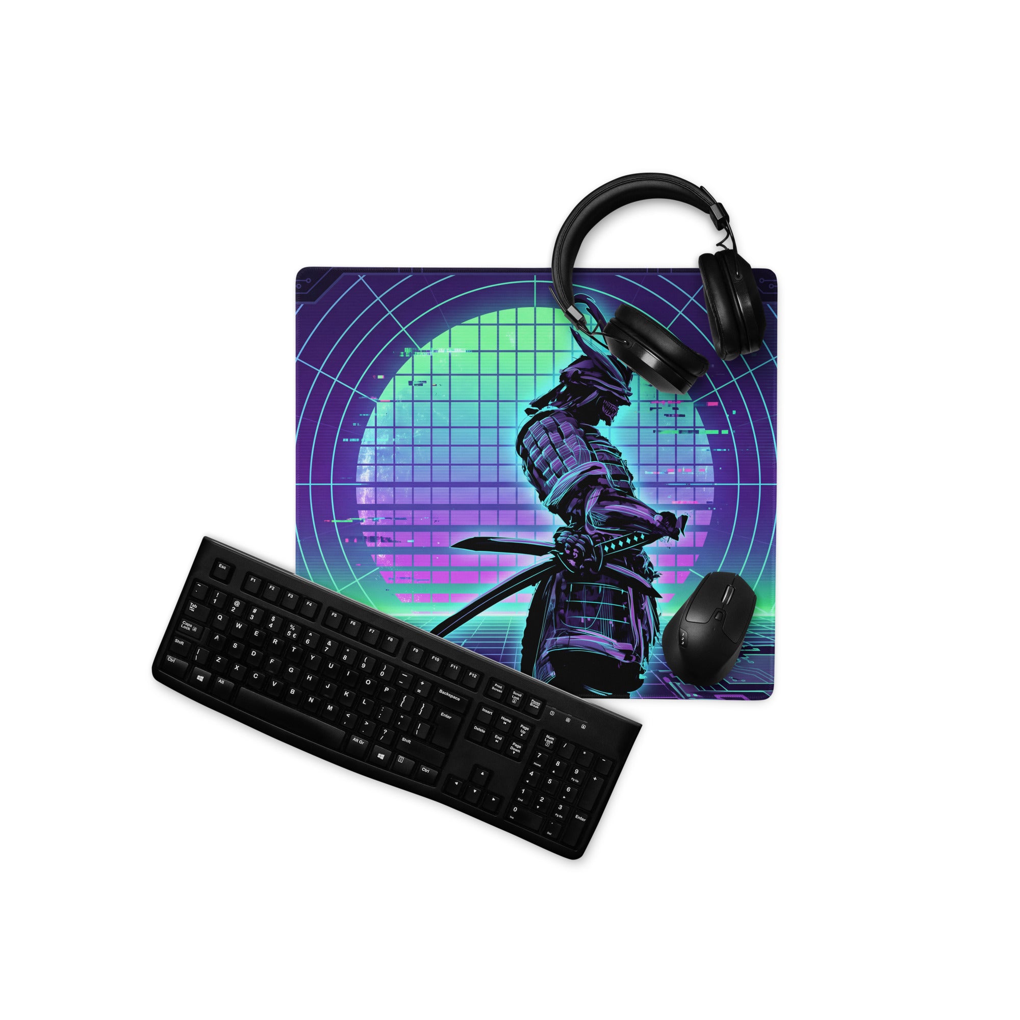 Ninja-themed gaming mousepad with vibrant purple and teal cyberpunk design featuring samurai warrior holding sword