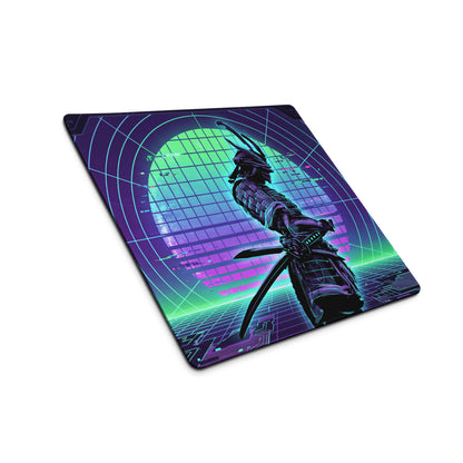 Vaporwave neon circuit pad gaming mousepad with vibrant purple and green cyberpunk samurai design for desk use