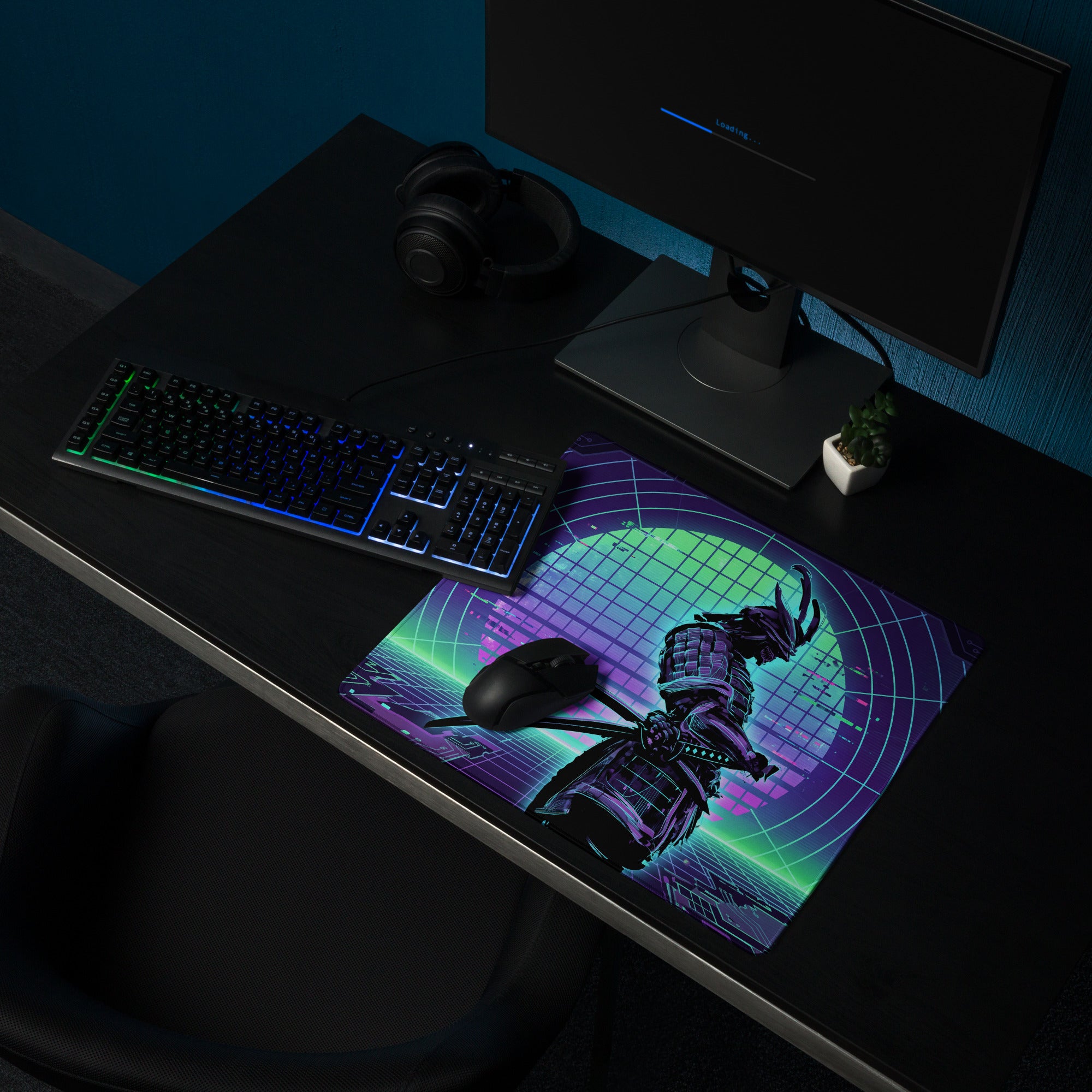 Vibrant neon purple and green retro-futuristic gaming mousepad featuring a detailed samurai warrior design