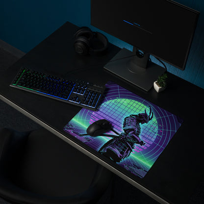 Vibrant neon purple and green retro-futuristic gaming mousepad featuring a detailed samurai warrior design