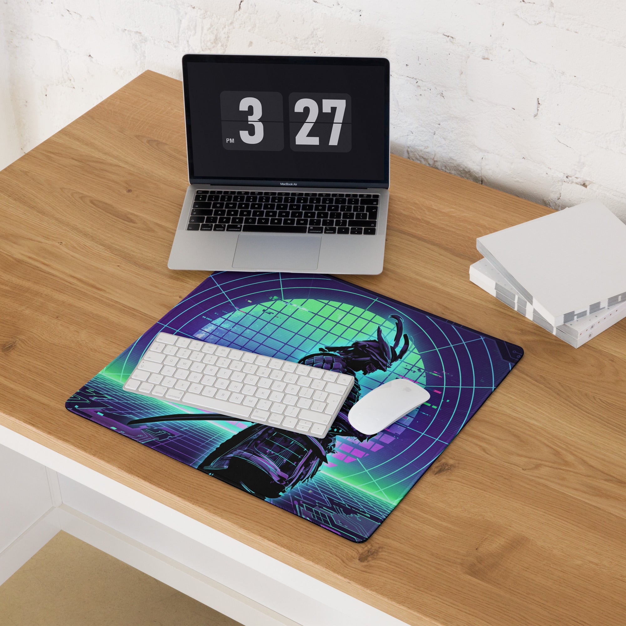 A vibrant rectangular gaming mouse pad with a neon green and purple cyberpunk robotic design and grid background