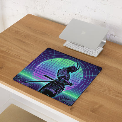 A vaporwave neon circuit gaming mouse pad with a vibrant purple retro-futuristic samurai design on fabric surface