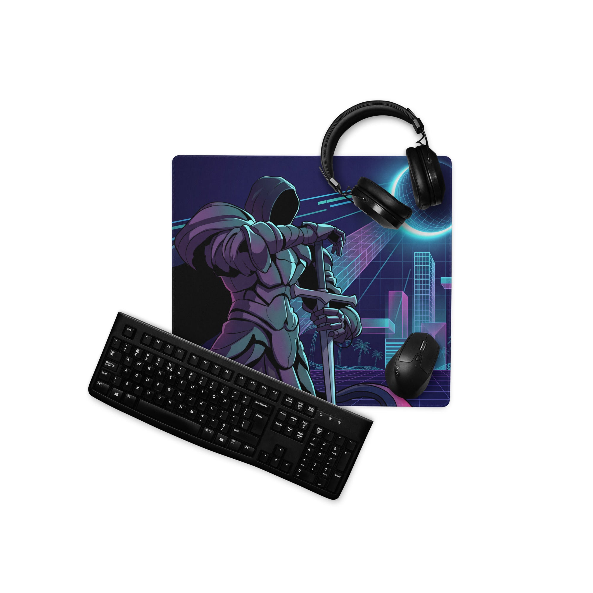 Neon vaporwave cyber gaming mouse pad with nebula theme featuring futuristic knight in purple teal armor and cyberpunk cityscape