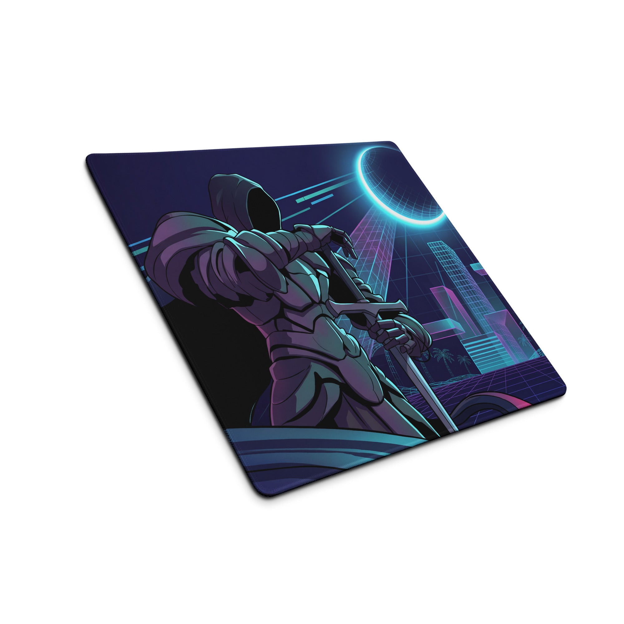 Neon vaporwave cyber gaming mouse pad with nebula design featuring hooded warrior and neon blue purple cityscape