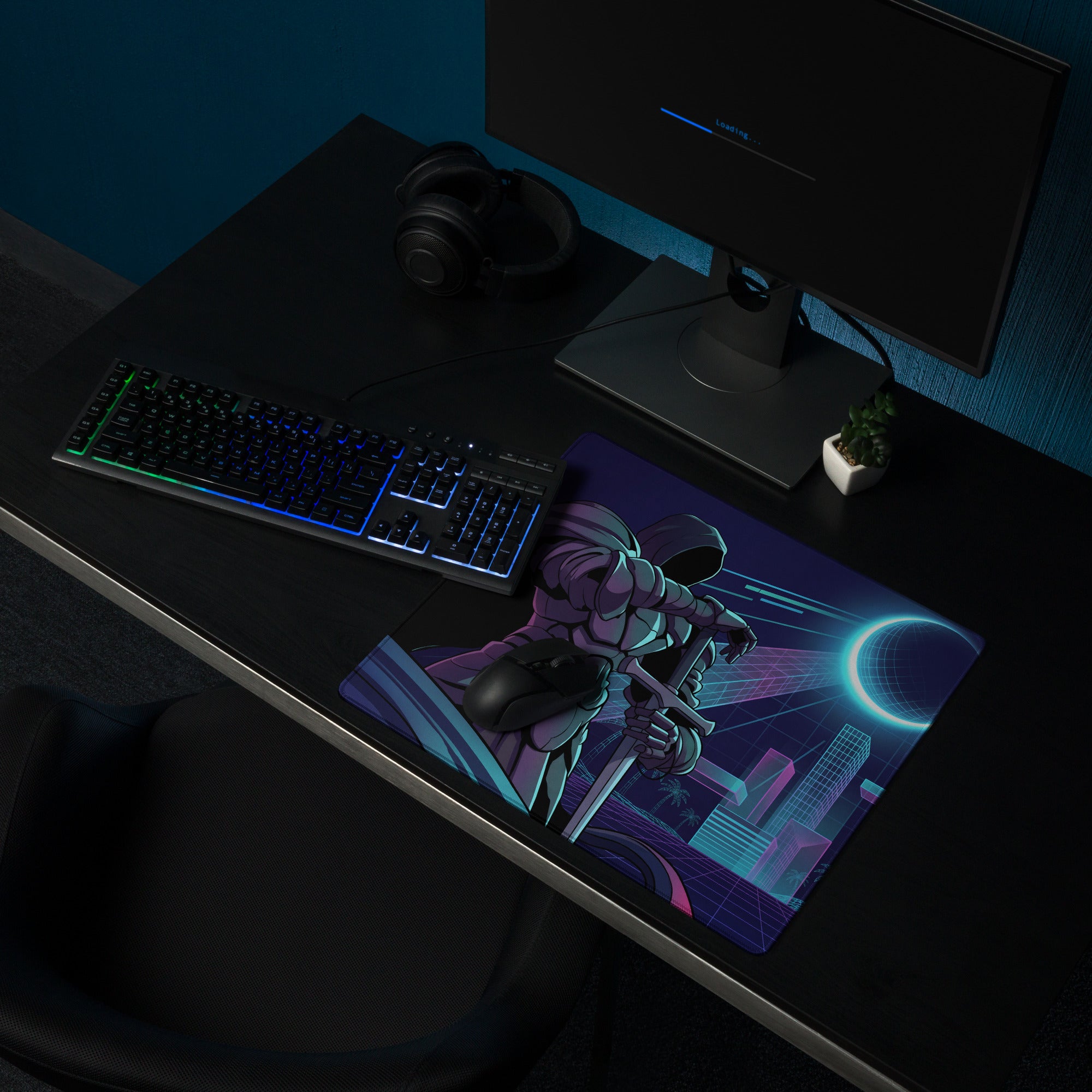 Neon vaporwave cyber gaming mousepad with nebula-themed astronaut design in vibrant neon blue purple for desk setup