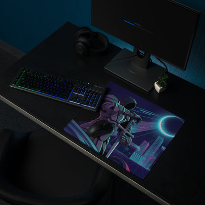 Neon vaporwave cyber gaming mousepad with nebula-themed astronaut design in vibrant neon blue purple for desk setup