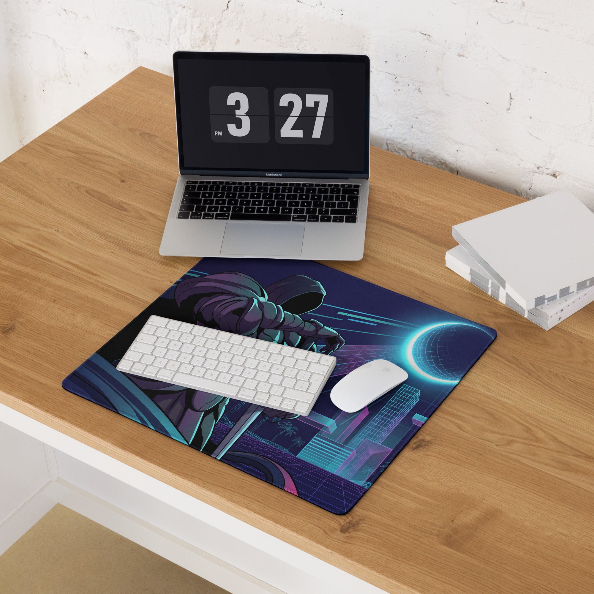 Navy blue and teal cyberpunk gaming mousepad featuring a futuristic astronaut design for neon vaporwave setups