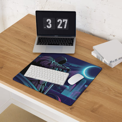 Navy blue and teal cyberpunk gaming mousepad featuring a futuristic astronaut design for neon vaporwave setups