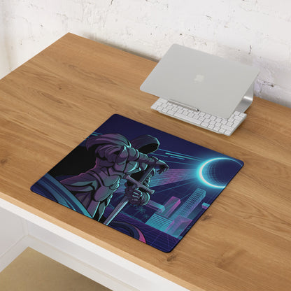 Navy blue rectangular gaming mouse pad with futuristic cyberpunk armored figure and neon vaporwave cityscape design