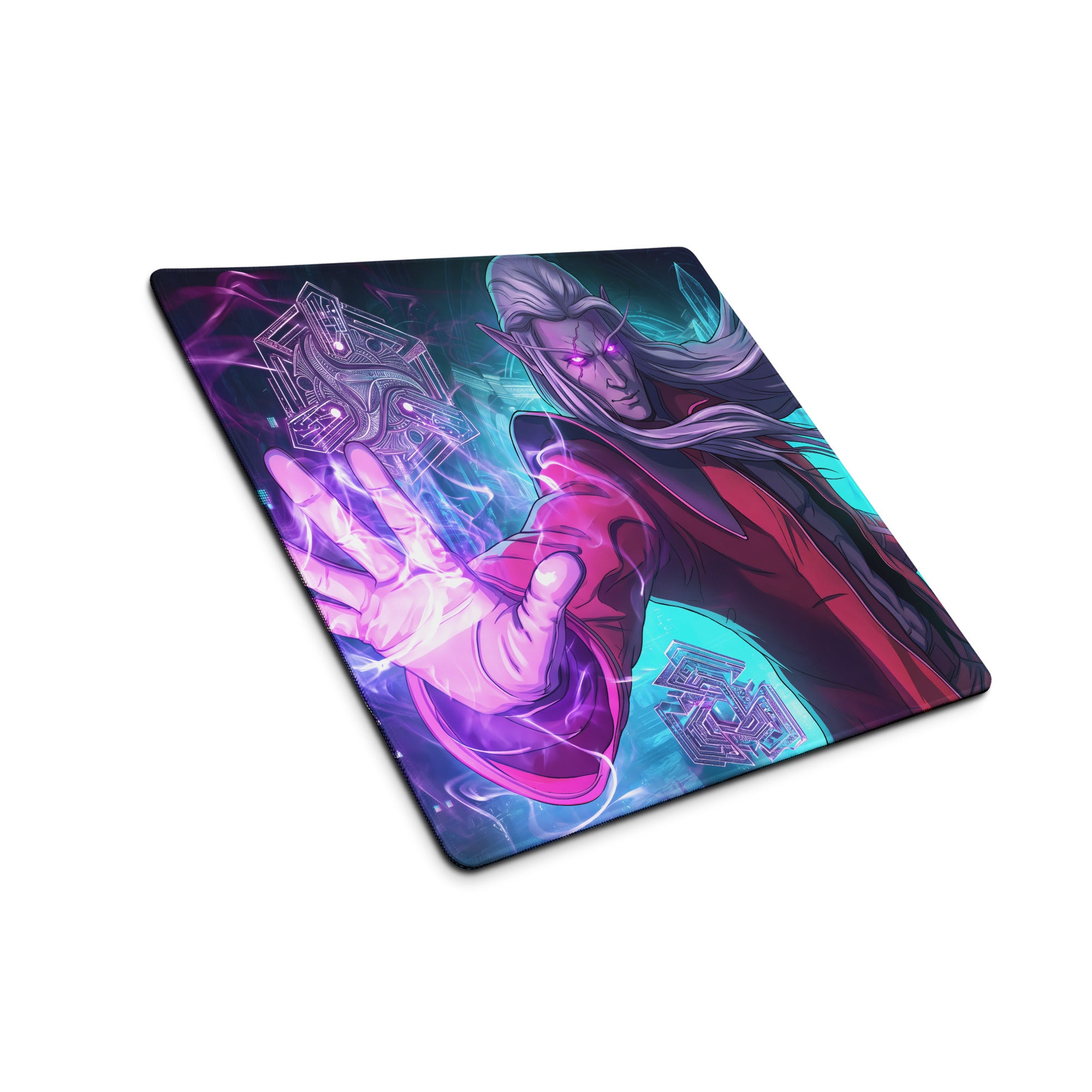 Vibrant purple and teal vaporwave neon warrior gaming mousepad with illustrated character and glowing eyes in digital art style