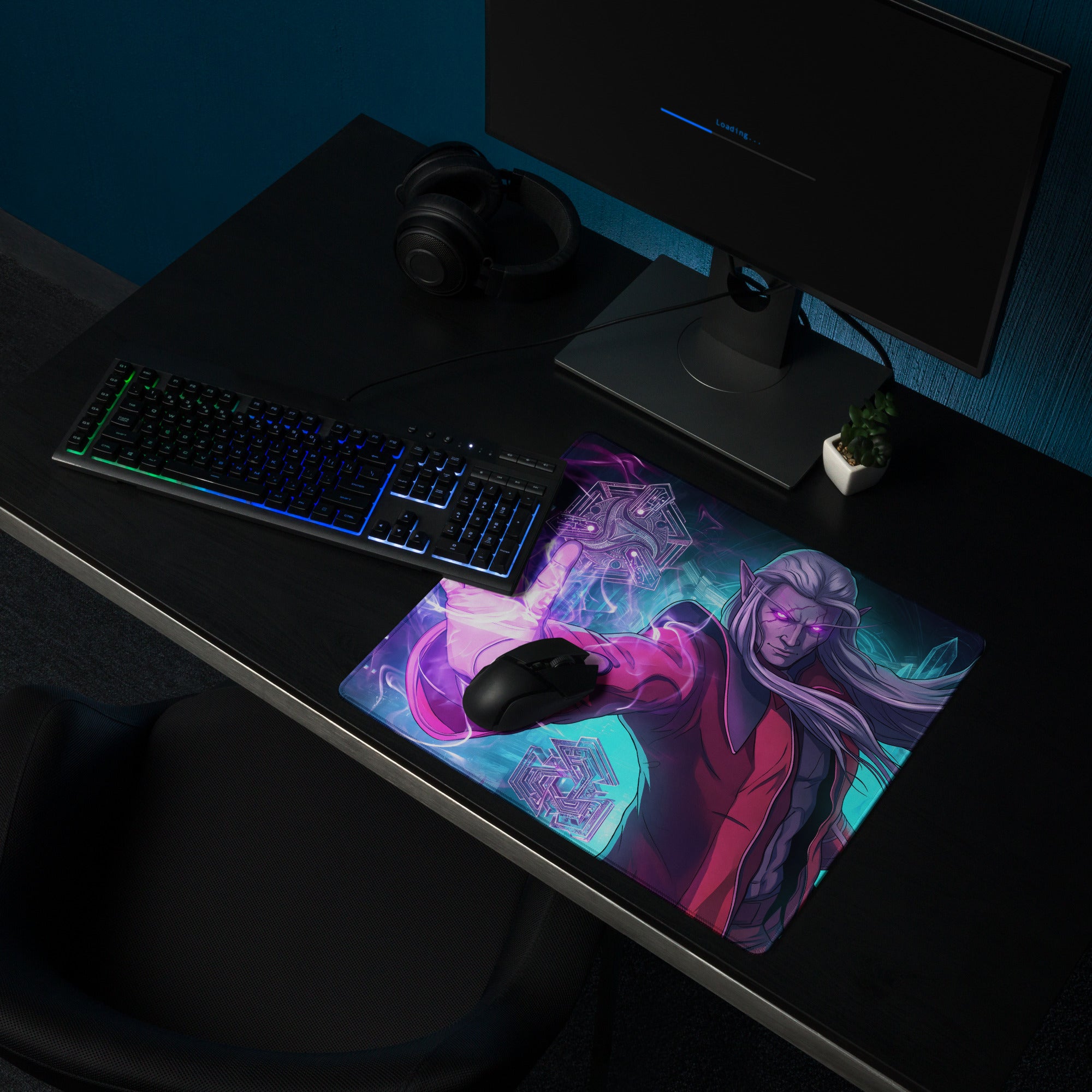 Vaporwave neon warrior mouse pad with vibrant neon pink and teal fantasy character featuring long silver hair