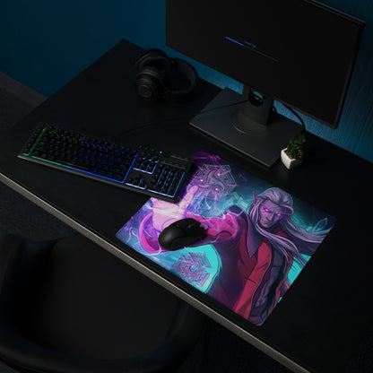 Vaporwave neon warrior mouse pad with vibrant neon pink and teal fantasy character featuring long silver hair
