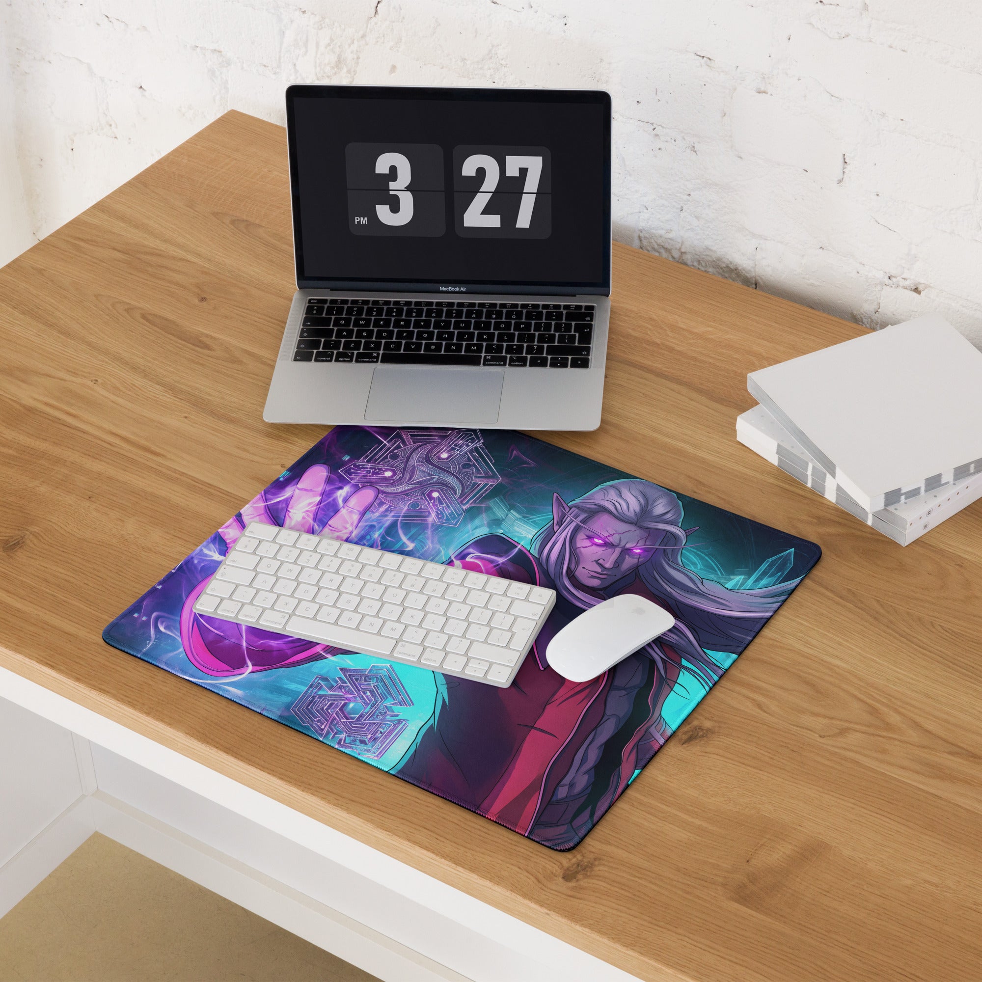Vibrant purple and teal vaporwave neon warrior mouse pad with detailed elf-like character illustration and glowing eyes