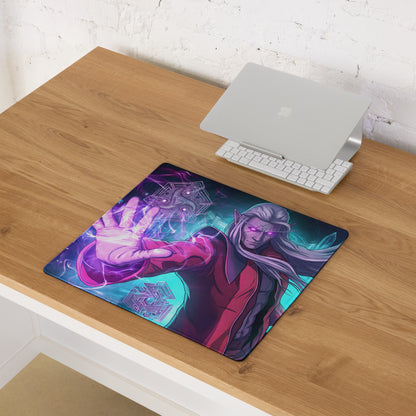 Vaporwave neon warrior mouse pad with vibrant purple and teal fantasy character featuring glowing eyes and cyberpunk art