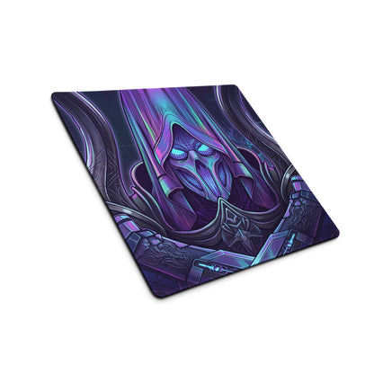 Neon vaporwave gaming mouse pad with purple and blue design featuring hooded skeletal figure with glowing eyes