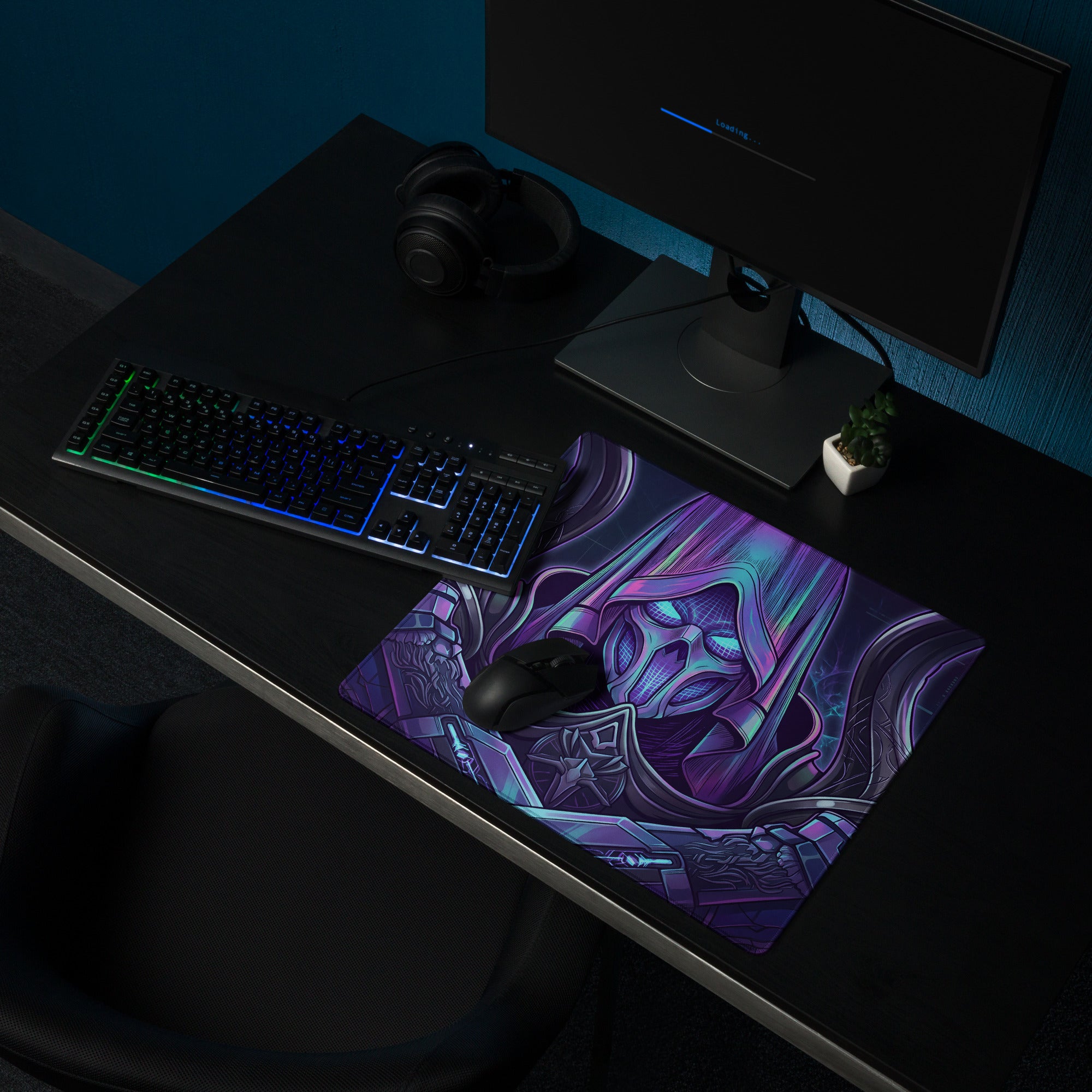 Vibrant purple and teal neon vaporwave gaming mouse pad with detailed fantasy character illustration for desk setup