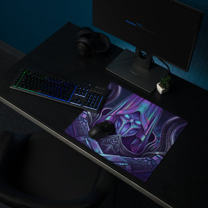 Vibrant purple and teal neon vaporwave gaming mouse pad with detailed fantasy character illustration for desk setup
