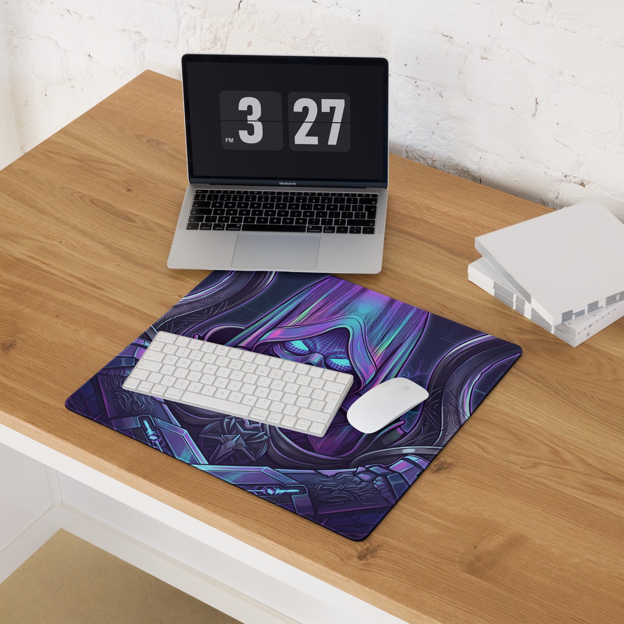 Neon vaporwave gaming mouse pad with vibrant purple and blue glowing stylized character and cyberpunk digital art design