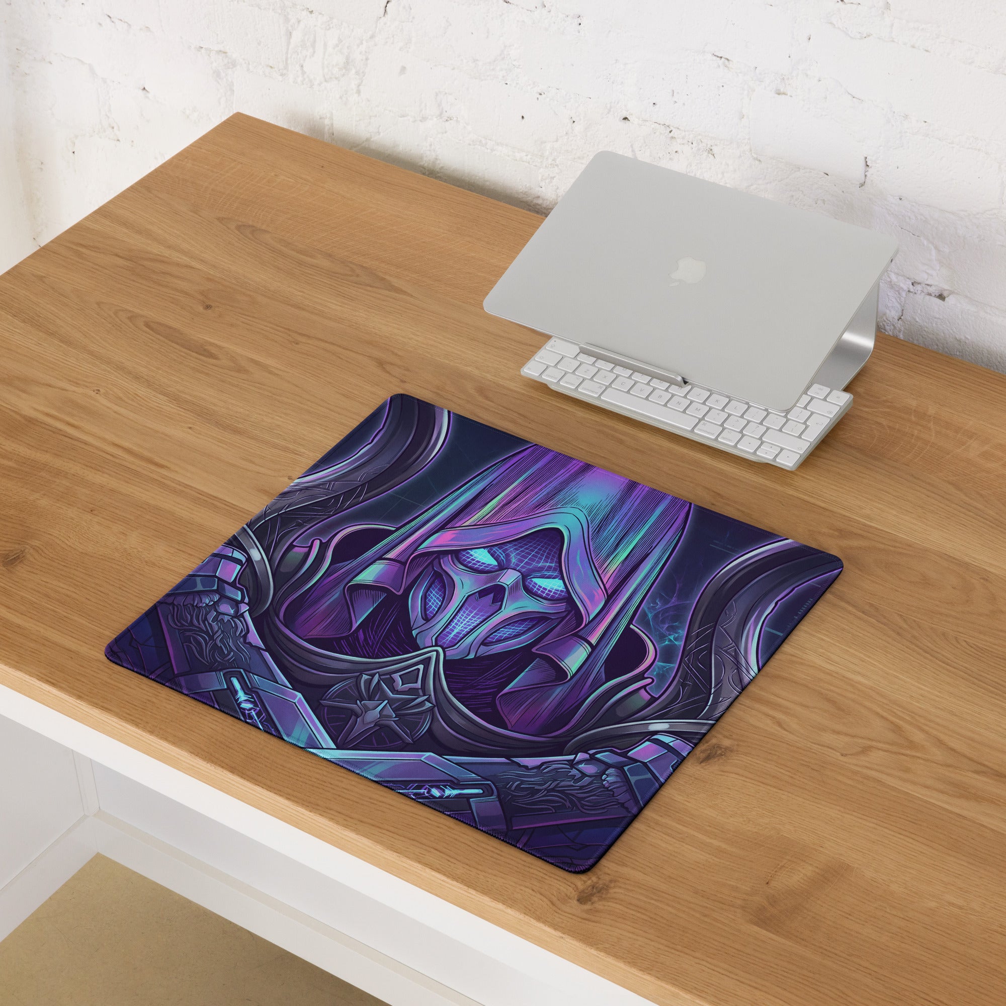 Purple and blue neon vaporwave gaming mouse pad featuring a hooded figure with glowing eyes for cyberpunk desk setup