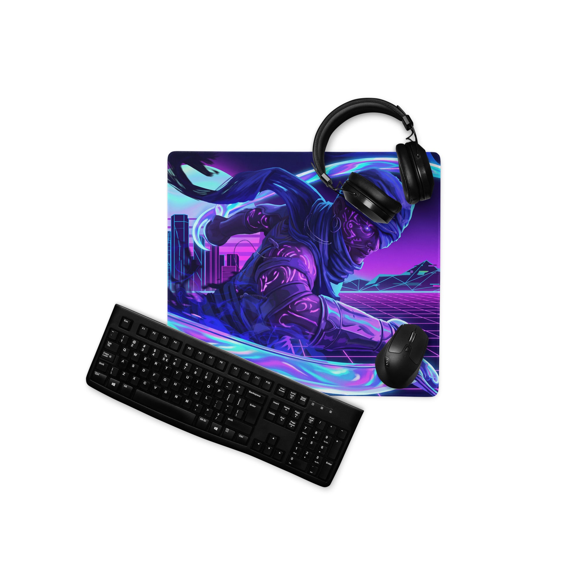 Neon vaporwave nightscape gaming mouse pad with vibrant purple and blue neon futuristic character design