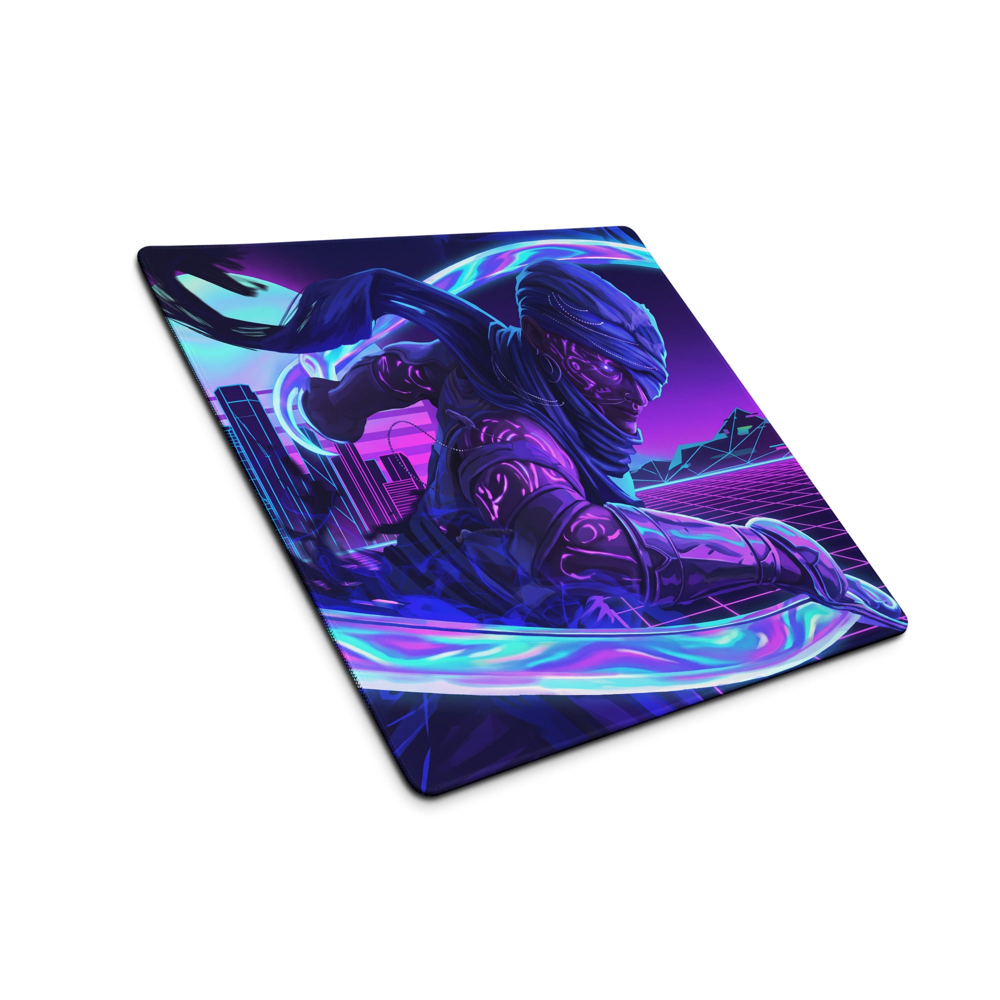 Neon vaporwave nightscape navy blue and purple cyberpunk gaming mouse pad with futuristic glowing warrior design