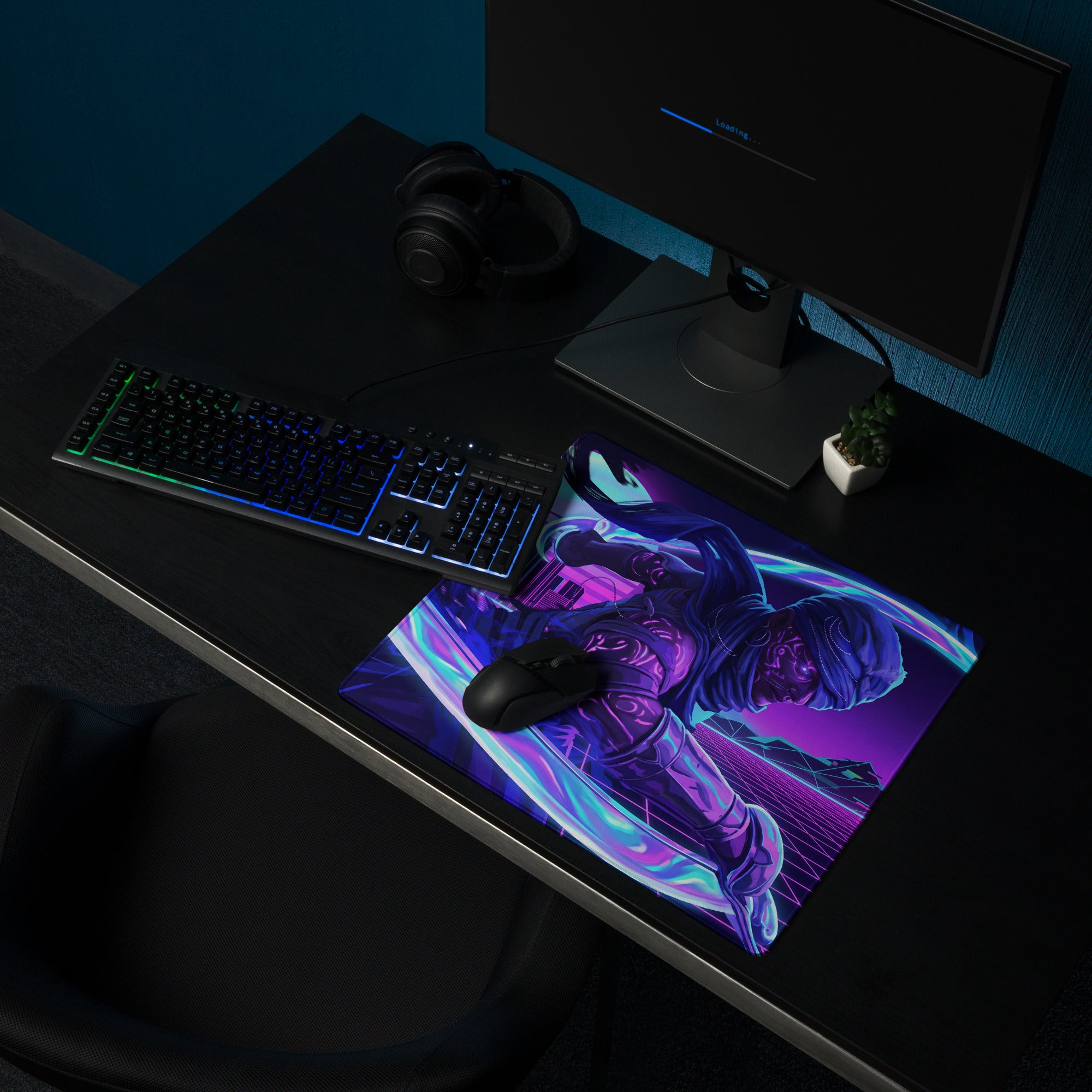 Neon vaporwave nightscape gaming mouse pad in navy blue and purple featuring a futuristic character design