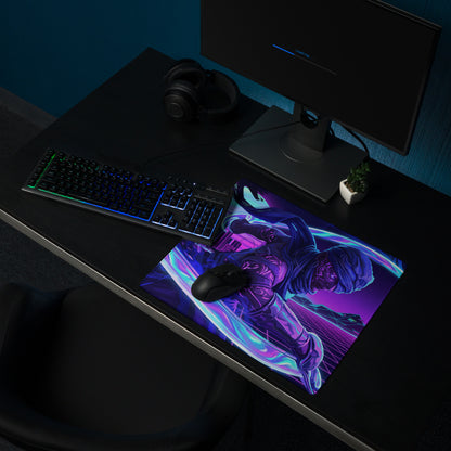 Neon vaporwave nightscape gaming mouse pad in navy blue and purple featuring a futuristic character design