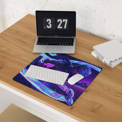 Neon vaporwave nightscape gaming mouse pad with vibrant purple and blue neon futuristic character design