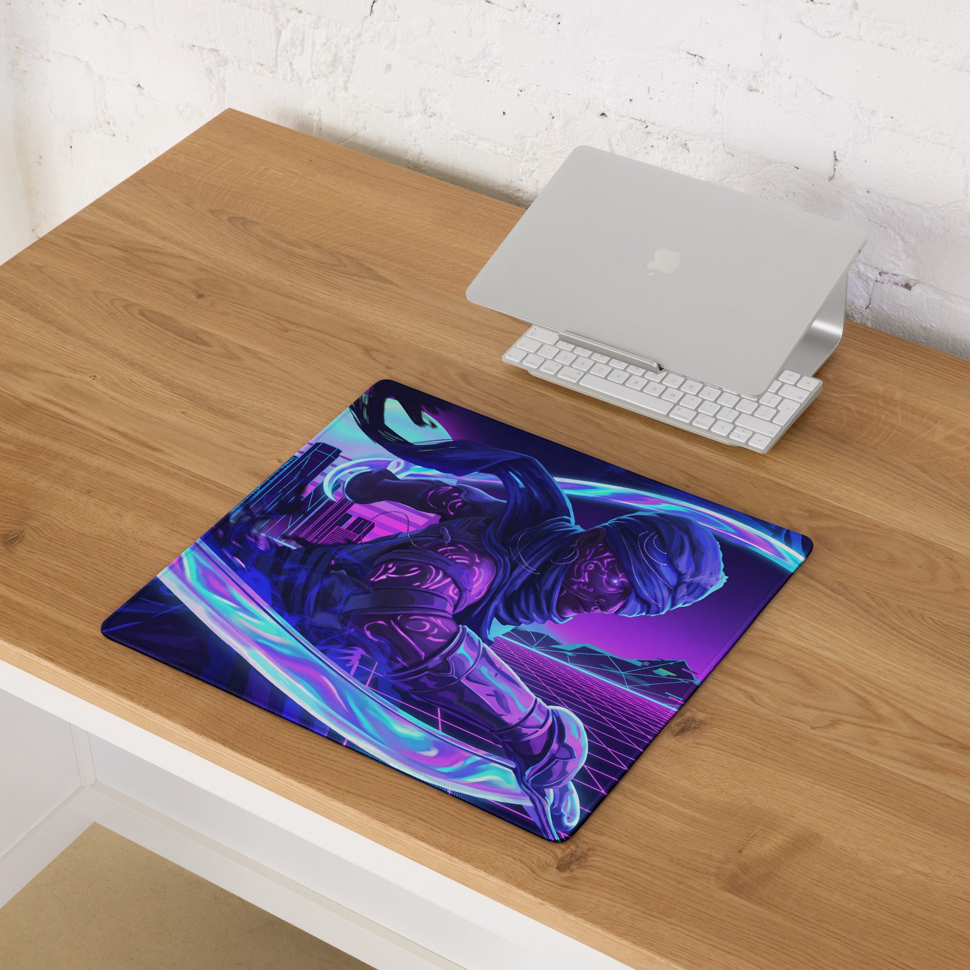 Neon vaporwave nightscape gaming mouse pad with vibrant neon purple and blue cyberpunk armored figure design