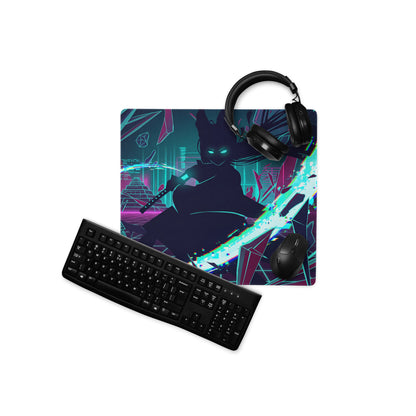 Neon vaporwave gaming mouse pad with ninja-themed neon teal magenta and black cyberpunk design for retro gaming