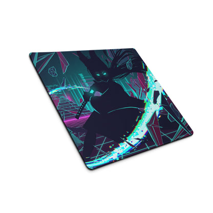 Neon vaporwave gaming mouse pad with nebula theme and stylized anime warrior with glowing green eyes on teal and magenta background