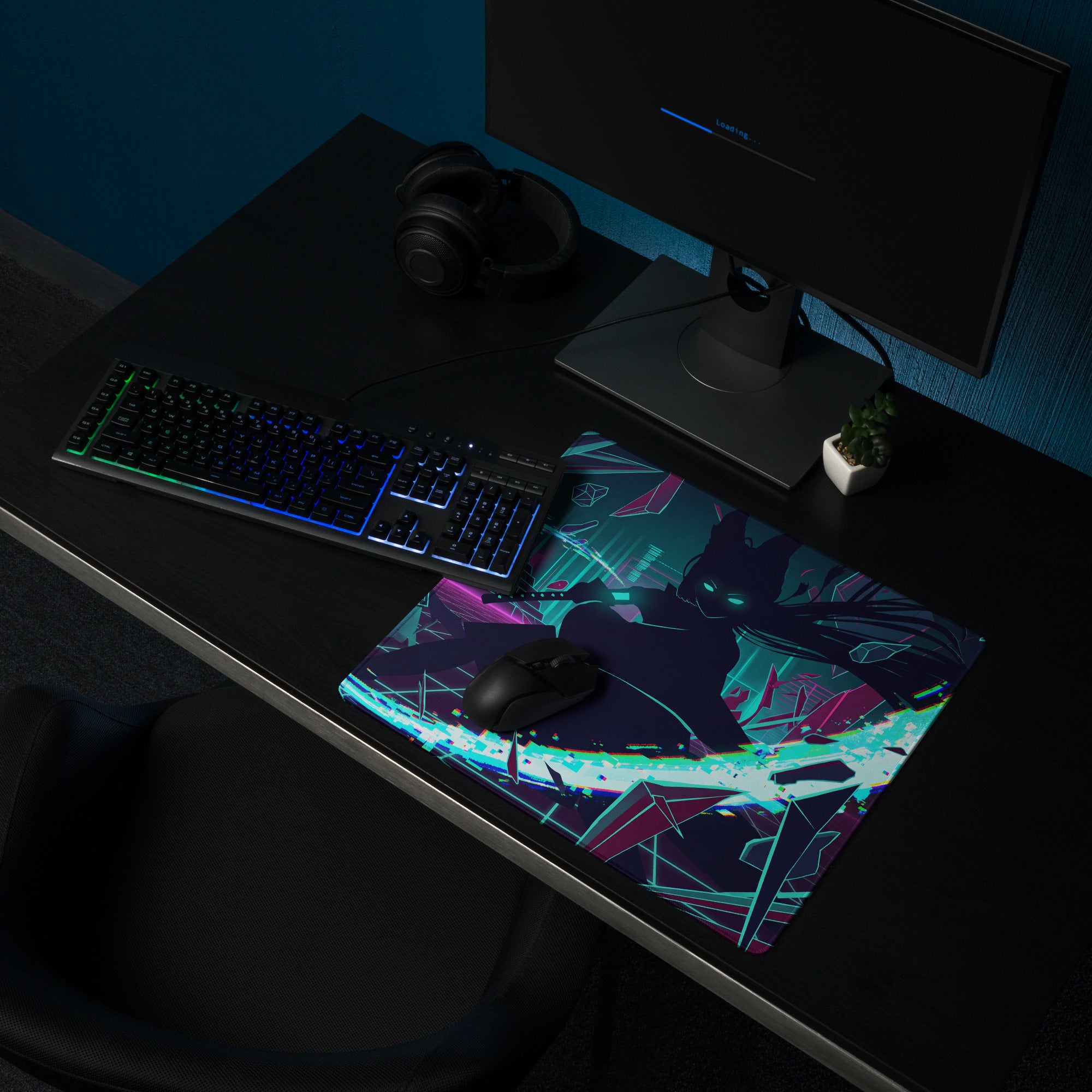 Neon vaporwave gaming mouse pad with teal magenta black anime character design in neon pink blue purple colors for gaming