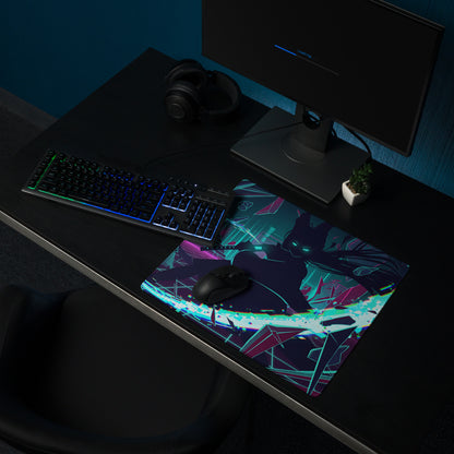 Neon vaporwave gaming mouse pad with teal magenta black anime character design in neon pink blue purple colors for gaming