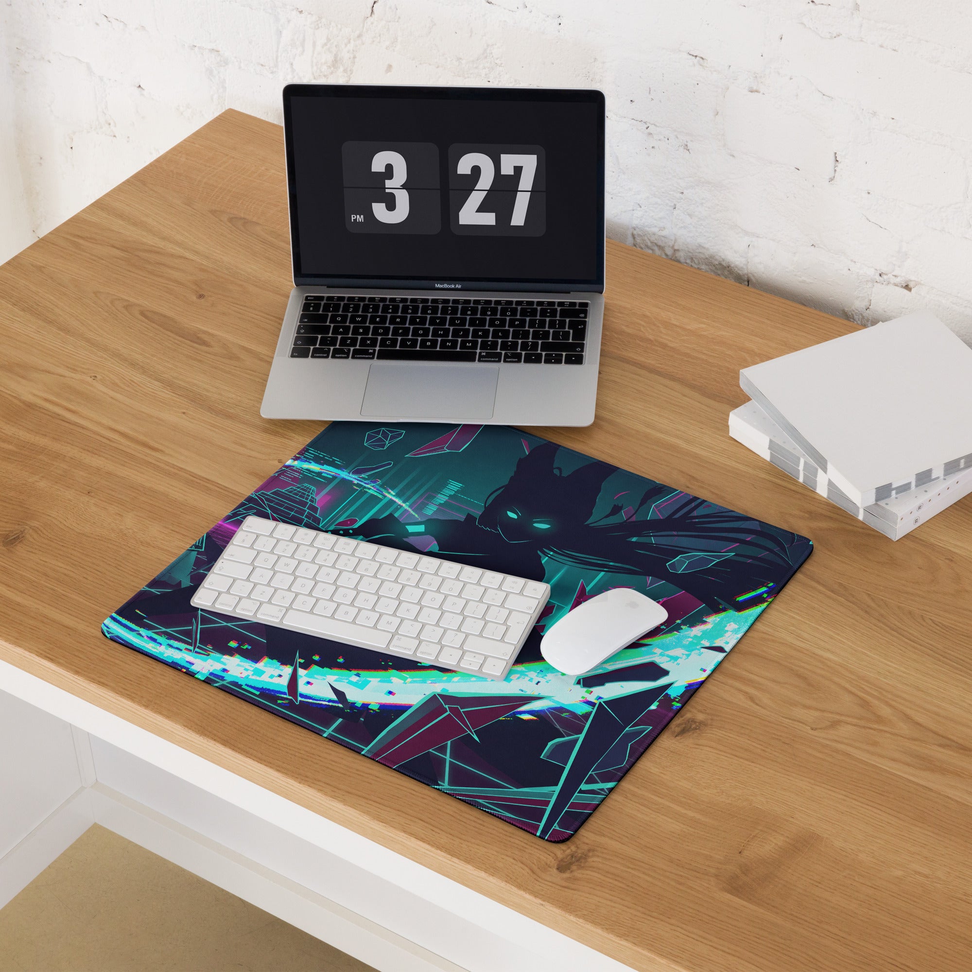 Neon vaporwave gaming mouse pad with vibrant teal and magenta geometric patterns and anime-style character design