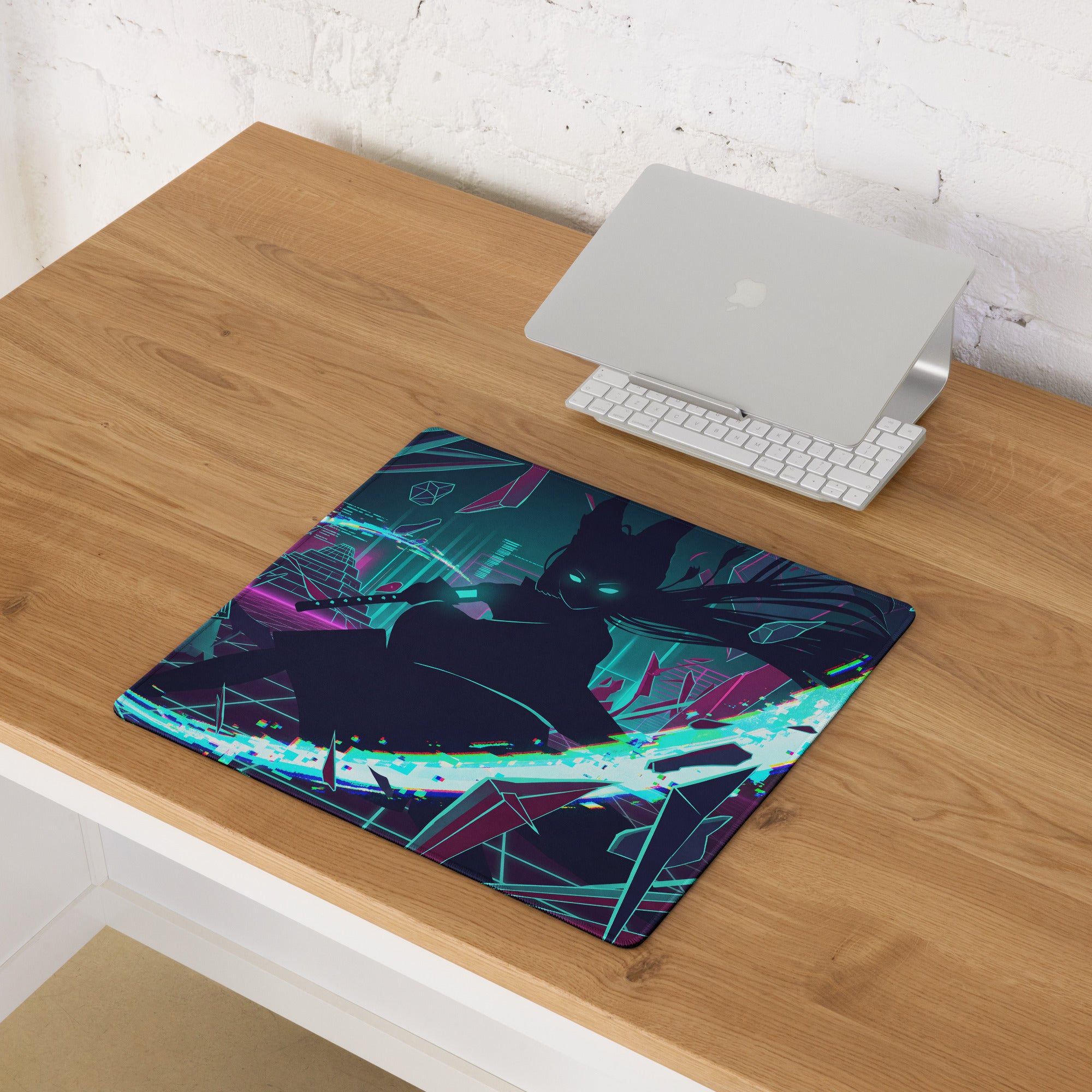 Navy blue and teal cyberpunk mouse pad featuring a glowing black cat with neon geometric patterns for gaming