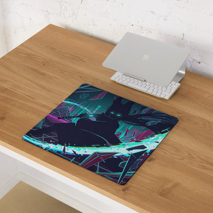 Navy blue and teal cyberpunk mouse pad featuring a glowing black cat with neon geometric patterns for gaming