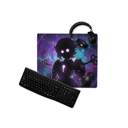 Vaporwave neon gaming mouse pad with vibrant purple and blue cosmic design and anime-style silhouette holding keys