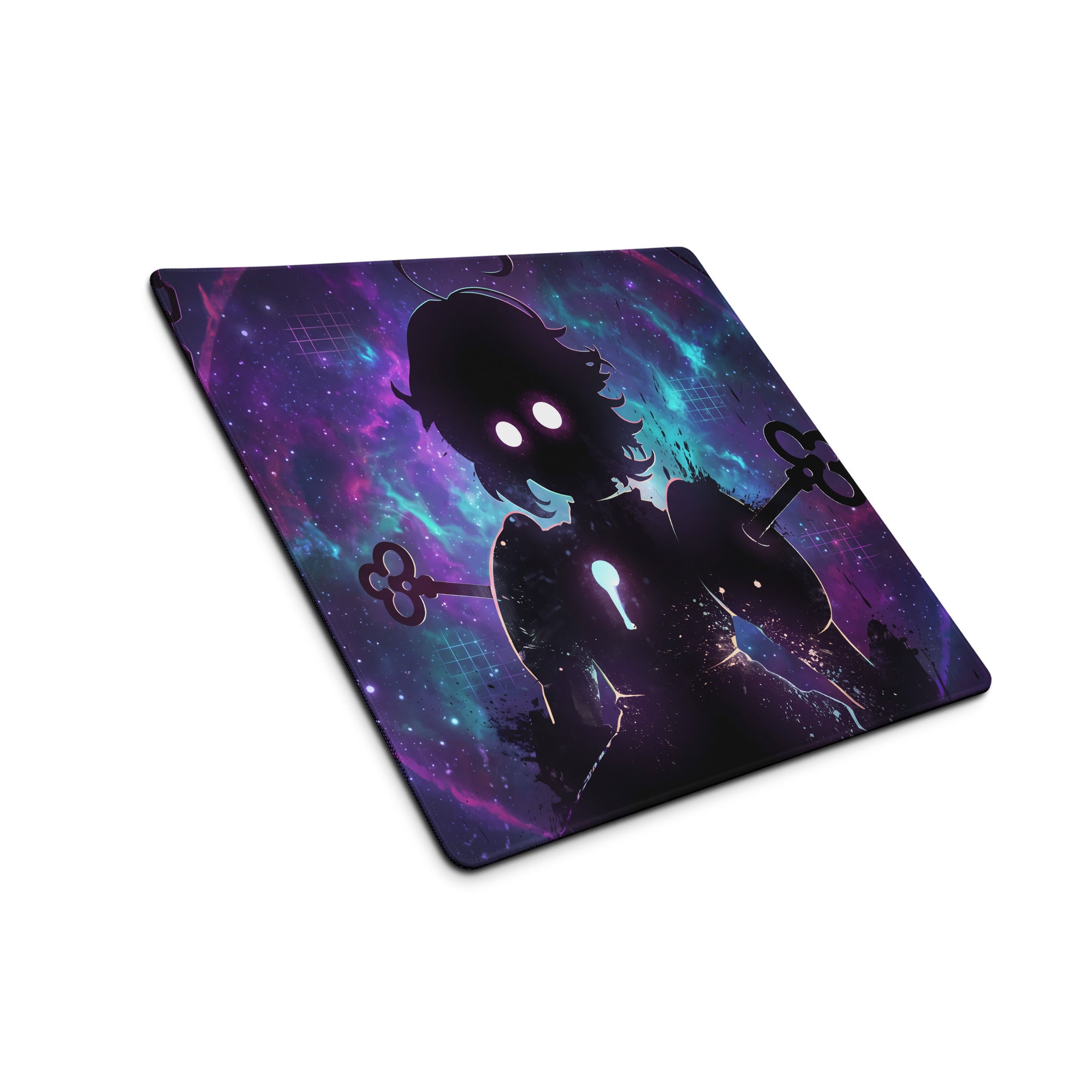 Vaporwave neon gaming mouse pad with anime silhouette holding keys against purple and teal cosmic nebula background