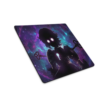 Vaporwave neon gaming mouse pad with anime silhouette holding keys against purple and teal cosmic nebula background