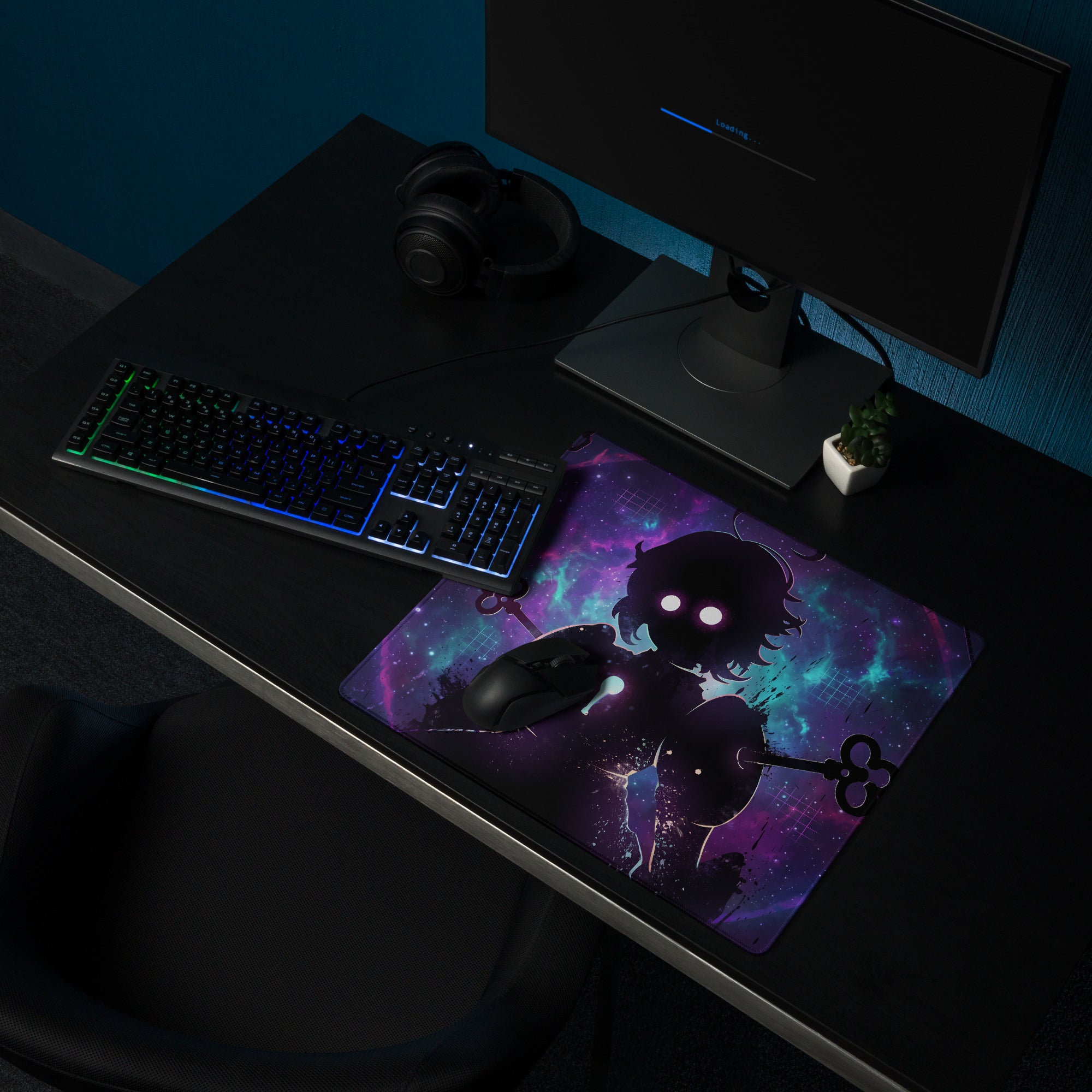 Vaporwave neon gaming mouse pad with vibrant purple and teal galaxy theme and anime-style silhouette holding a key
