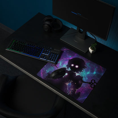Vaporwave neon gaming mouse pad with vibrant purple and teal galaxy theme and anime-style silhouette holding a key