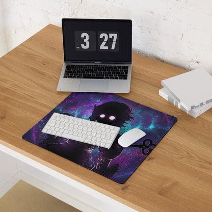 Vaporwave neon gaming mouse pad with vibrant purple and teal galaxy design and black silhouette with glowing eyes