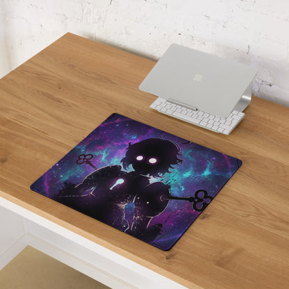 Vaporwave neon gaming mouse pad with dark anime silhouette and vibrant cosmic purple blue teal background design