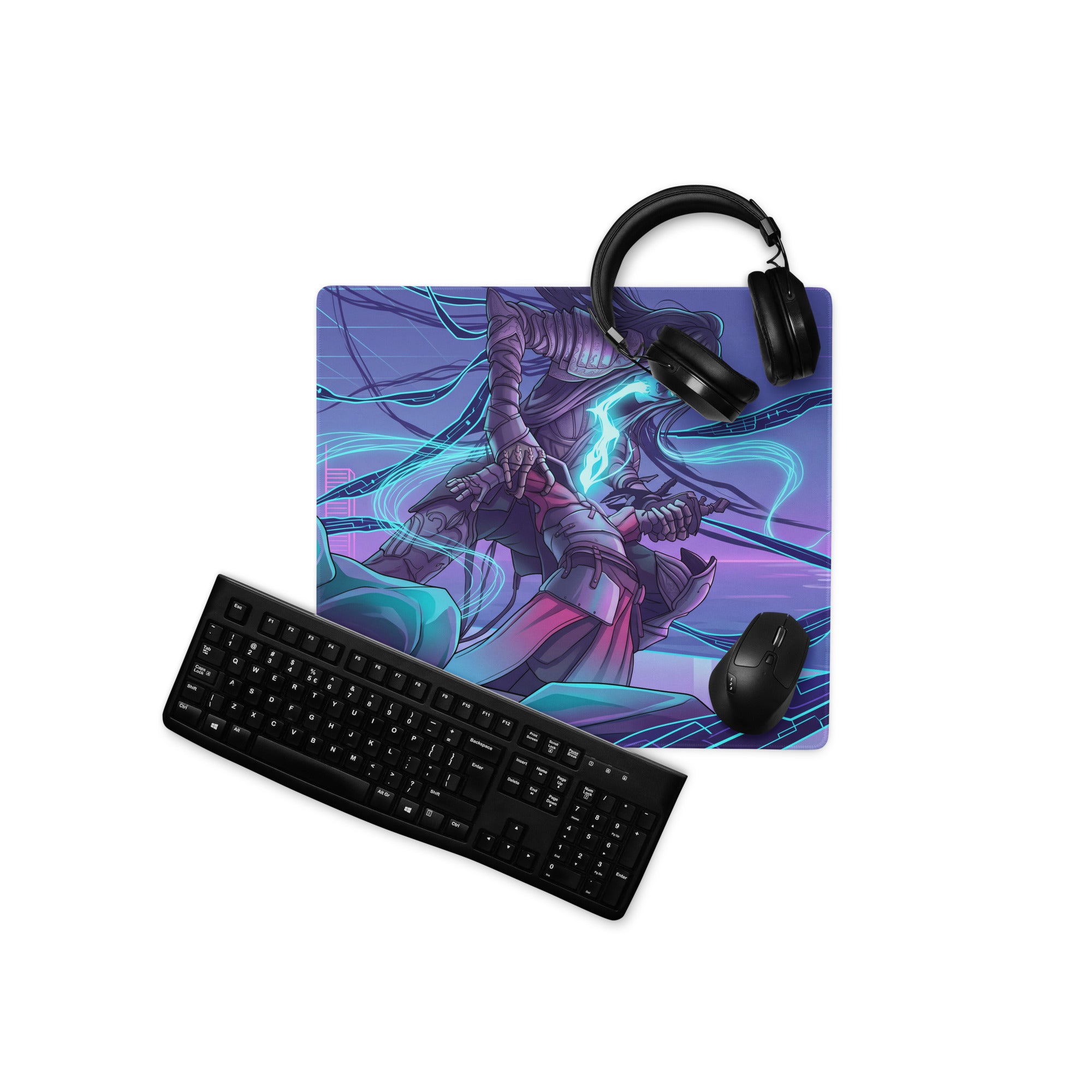 Purple and blue neon vaporwave gaming mouse pad with fantasy warrior design for cyberpunk and retro futurism desks